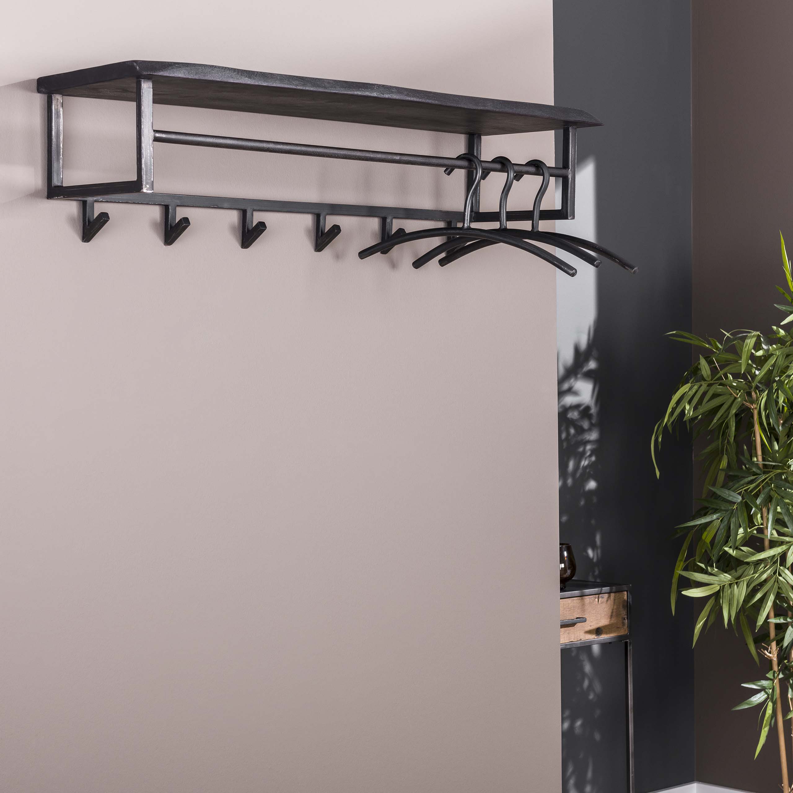 Klädhängare yucon 6 krokar hatthylla / Solid akacia svart