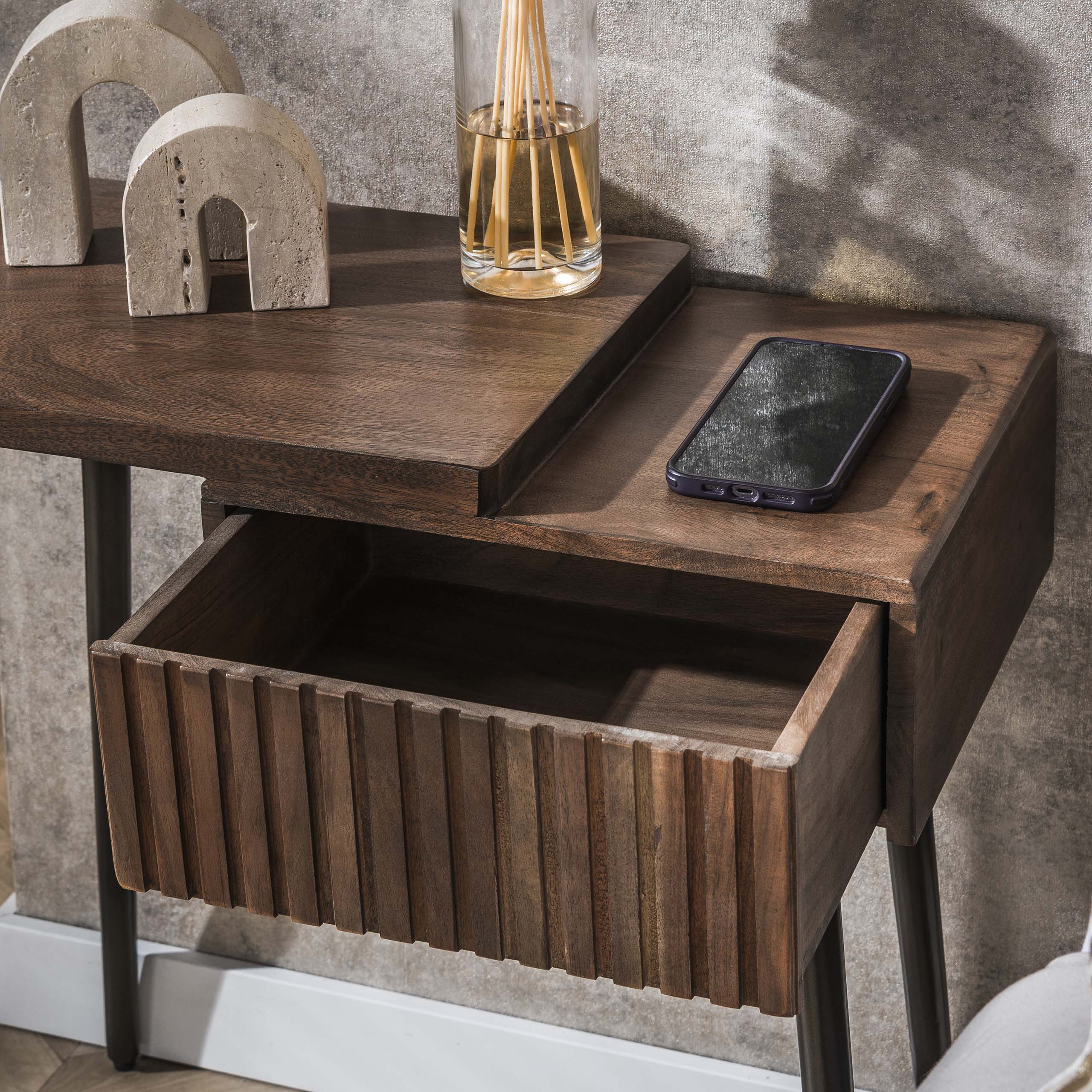 Sängbord Carve 1 låda vänster - Solid akaciabrun