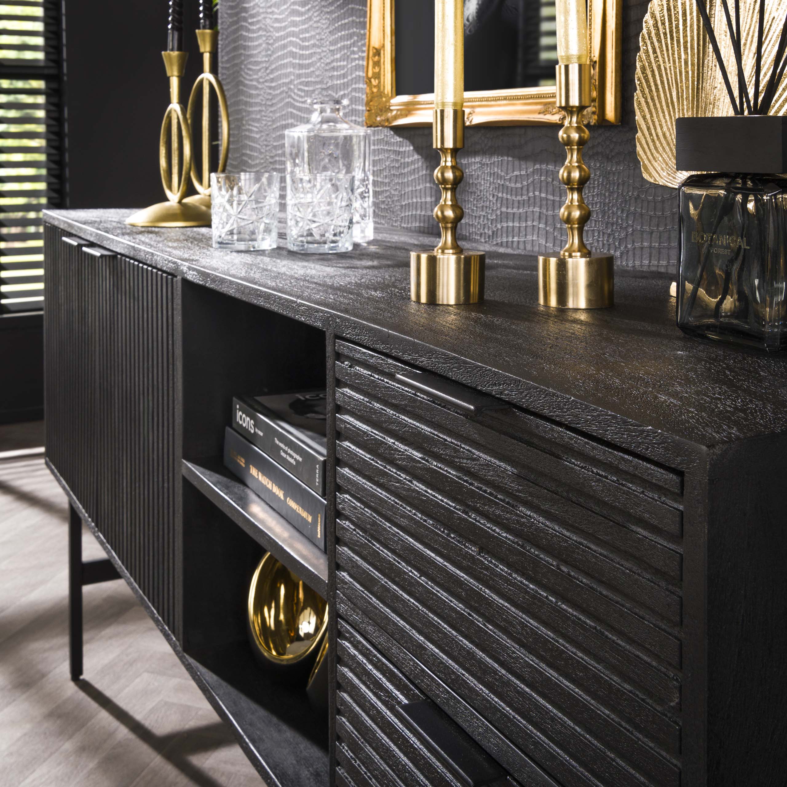 Kommod Marina 2 lådor 2 luckor - Solid mangosvart