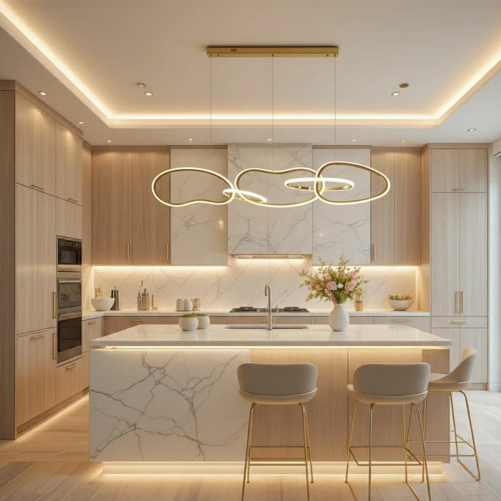 Hänglampa Aurora – Design 5 ringar Guld 120 cm