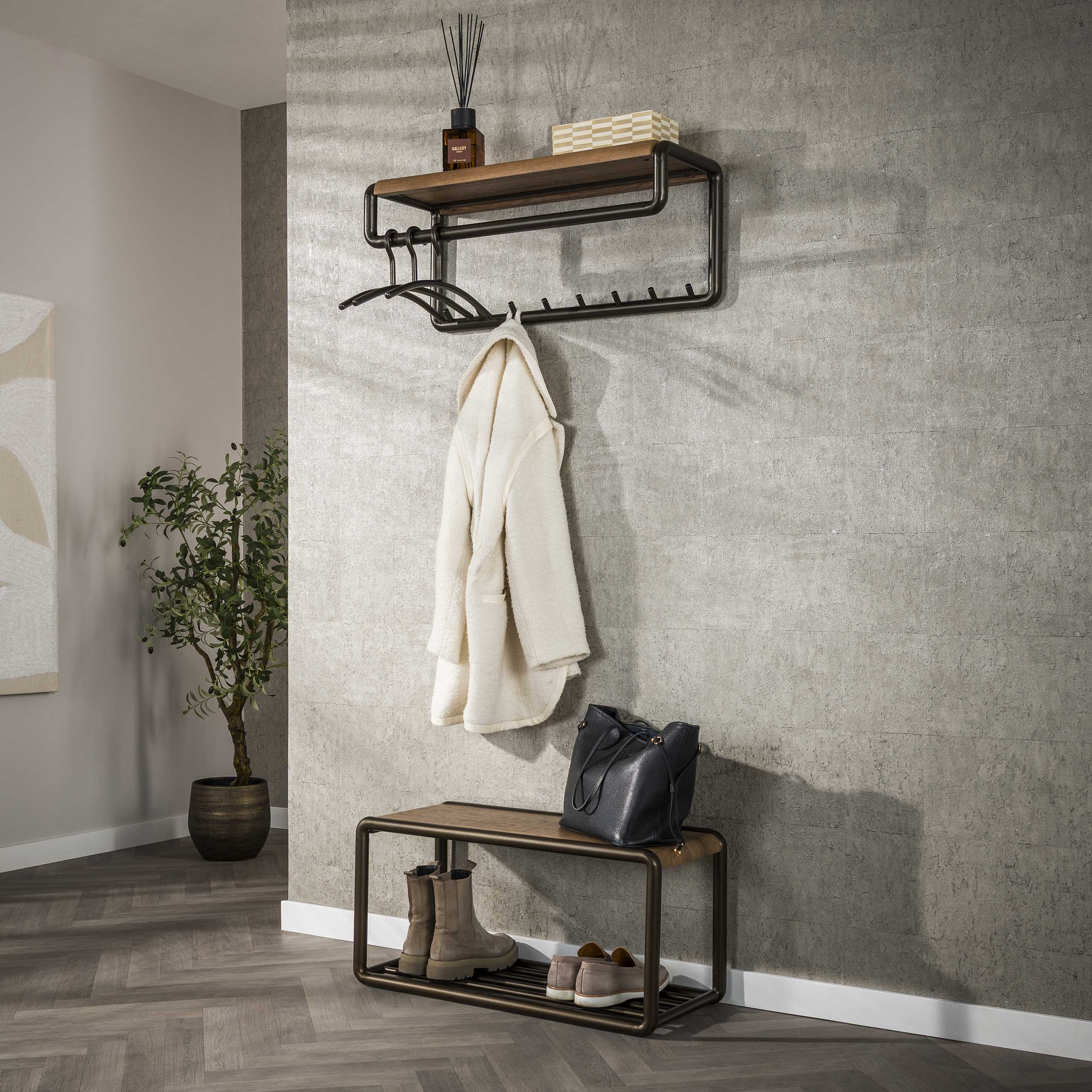 Klädhängare Luno stav & hatthylla 8 krokar - Drift brun