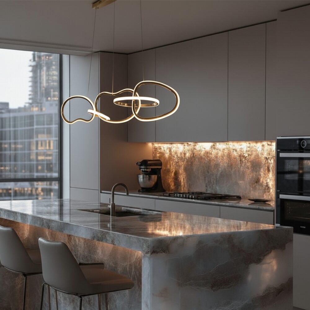 Hänglampa Aurora – Design 5 ringar Guld 120 cm