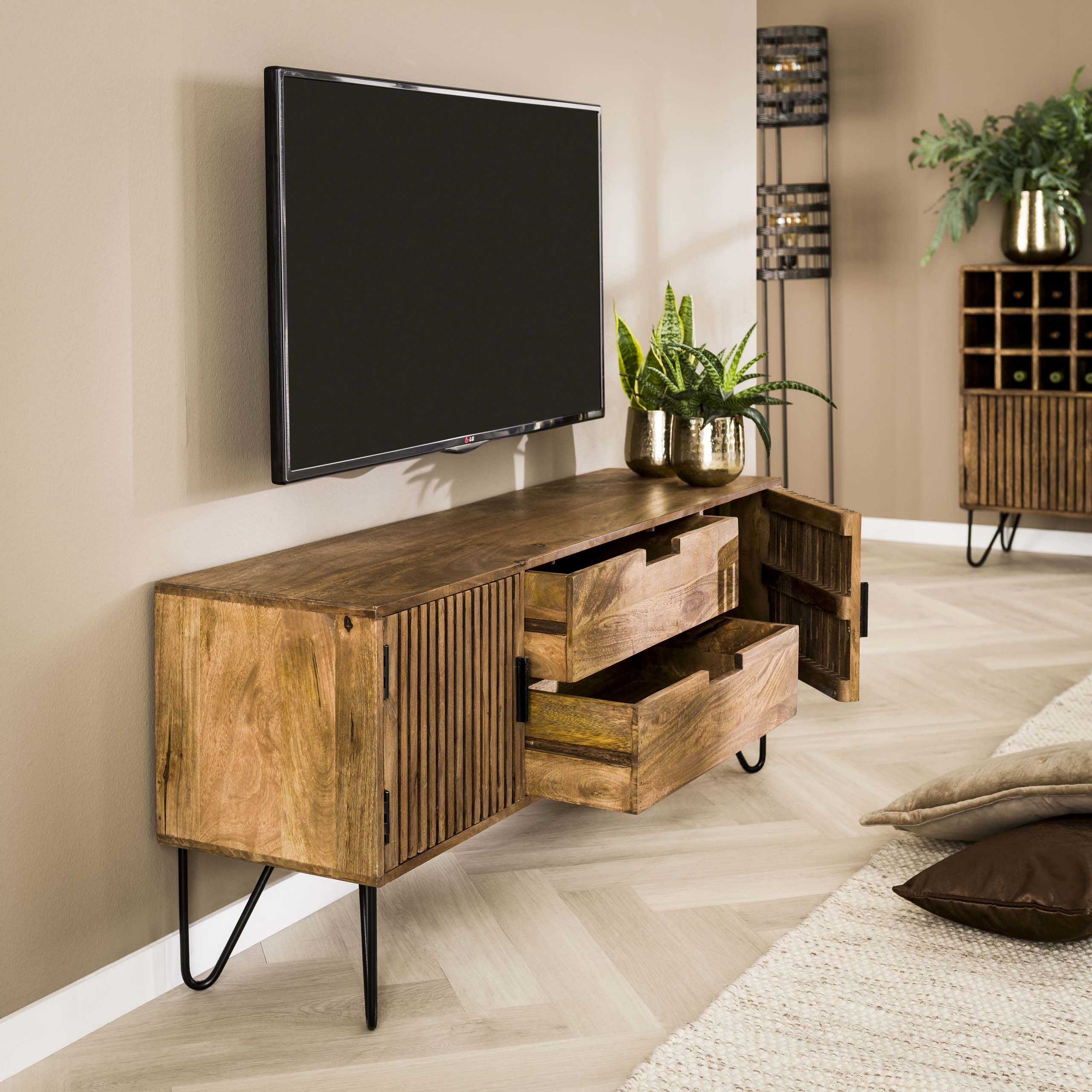 Tweak tv-skåp 2 lådor 2 dörrar - Solid mangosandfärg