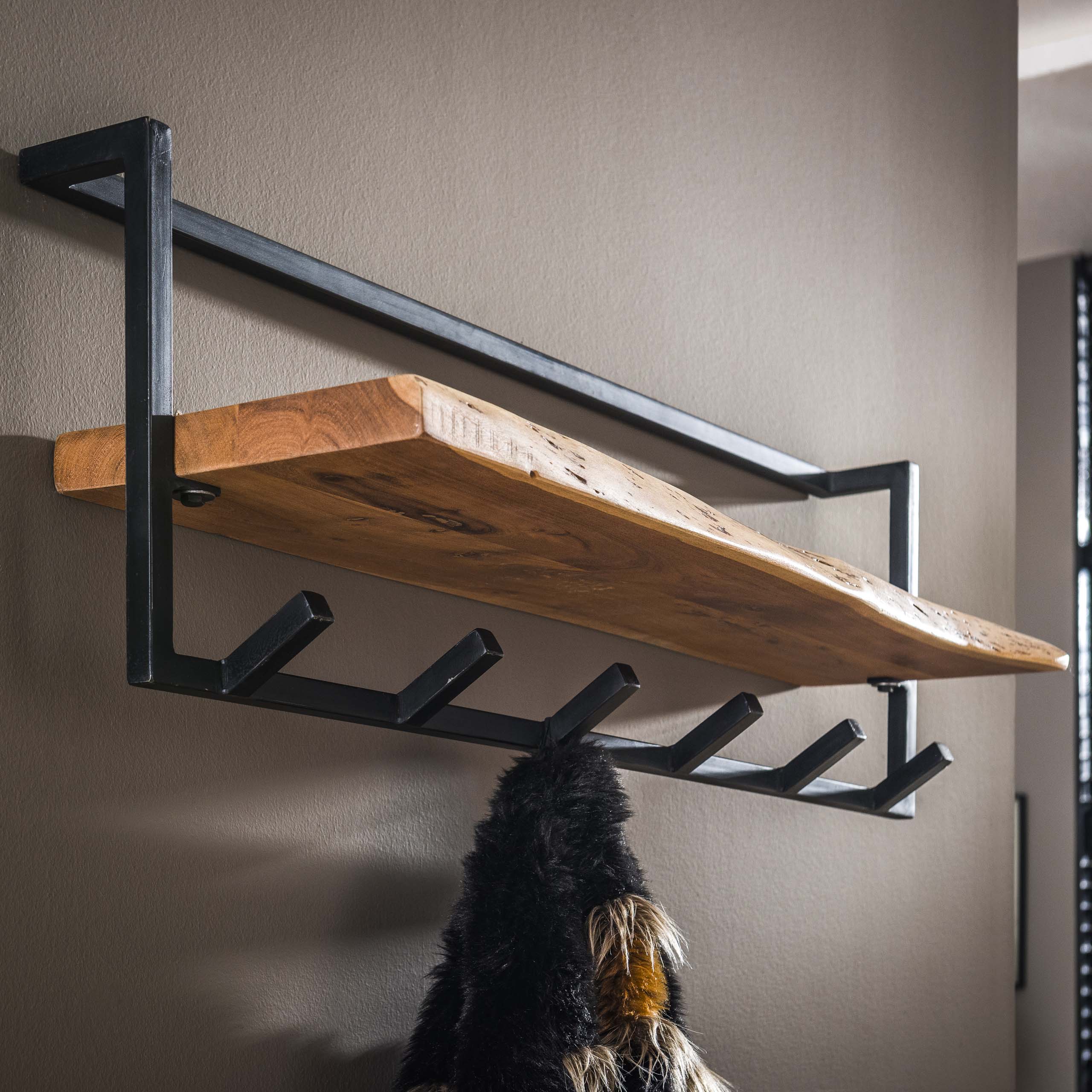 Kläddhylla kanthylla 6 krokar / Solid akacia natur