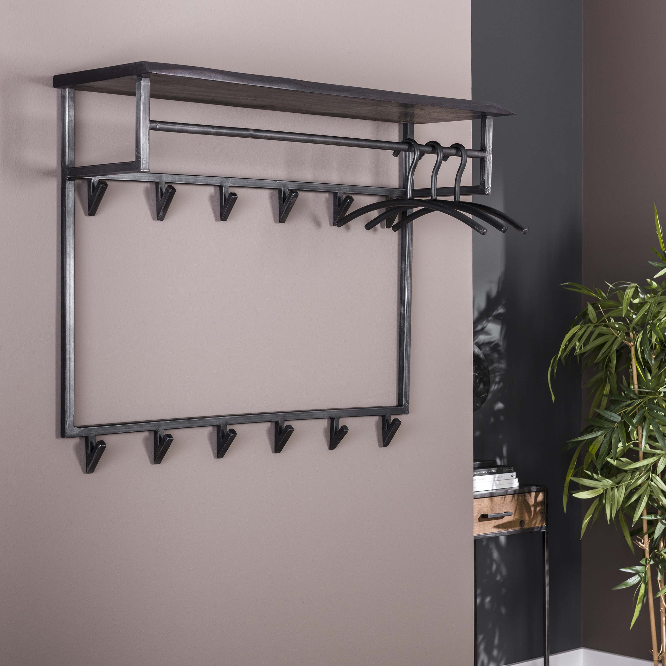 Klädhängare yucon high 12 krokar hatthylla / Solid akacia svart