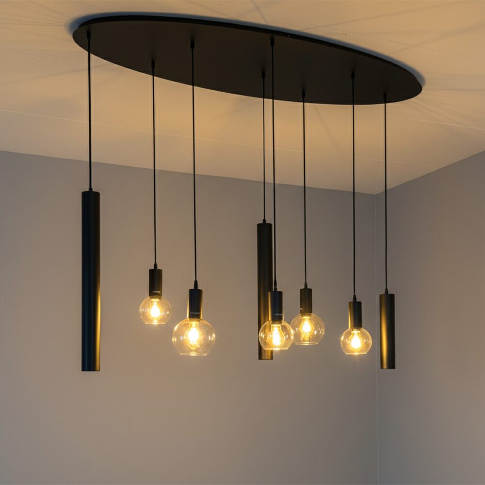 Design Hänglampa 8-light – Black & Amber Glass – 140 cm