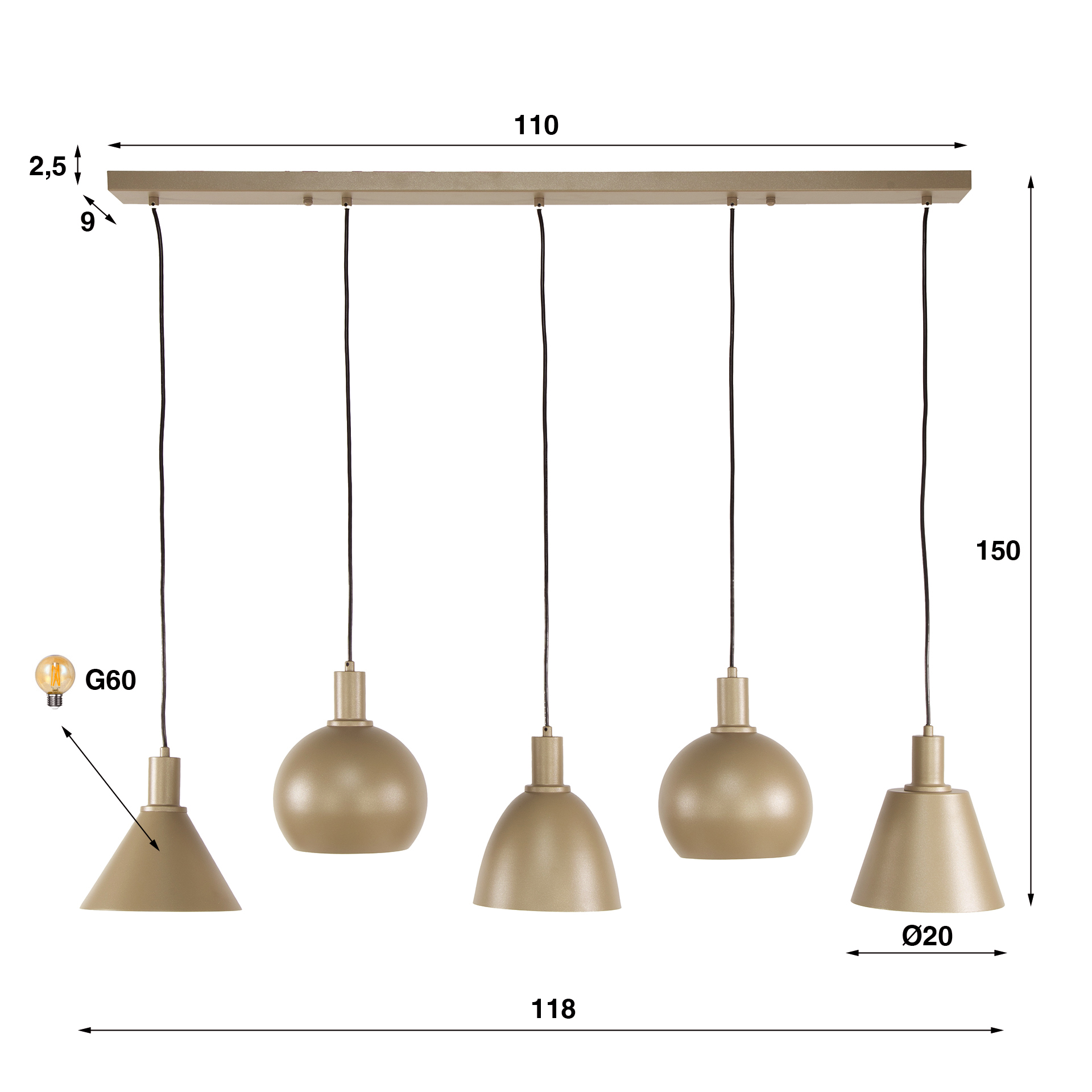 Hänglampa Metallo 5-light - Beige