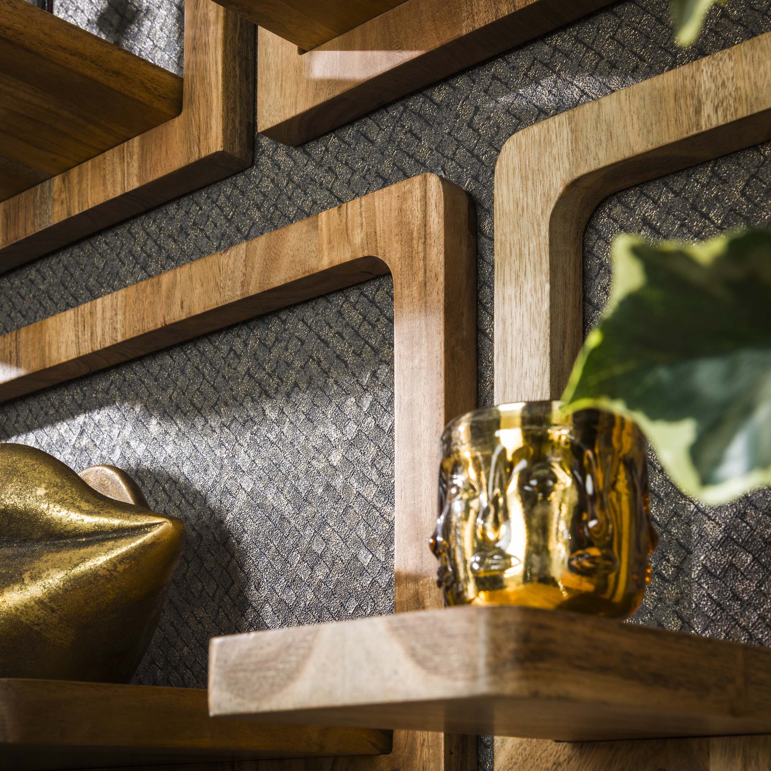 Vägghyllsats/5 kurviga / Solid akacia natur