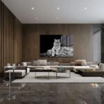 Modern luxe interieur met designer glasschildering van wilde witte tijger