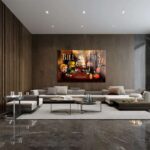 Modern luxe interieur met een designschilderij van rijke stripfiguren in een hype art-stijl