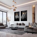 Modern luxe interieur met designer glasschildering van prachtige leeuw en leeuwin met kroon