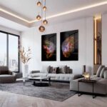 Modern luxe interieur met designer glasschildering van mooie kleurrijke modevlinder